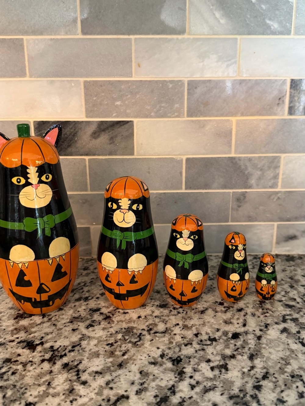 Hand-Painted Black & Orange Cat Pumpkin Nesting Dolls